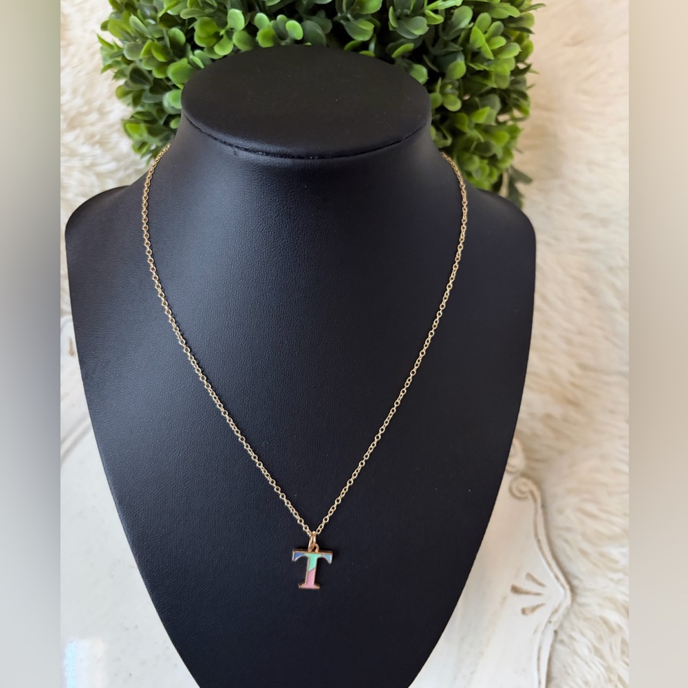 Gold Tone blue ombré Initial T Pendant Necklace